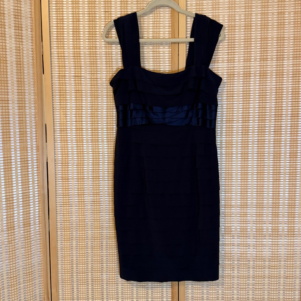 Jones New York Navy Blue Tiered Ruffle Sheath Dress Size 12 Cocktail Formal